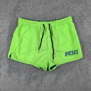 Diesel Swim Trunks Mens S Neon Green Blue Logo Drawstring Beachwear 2" Shorts
